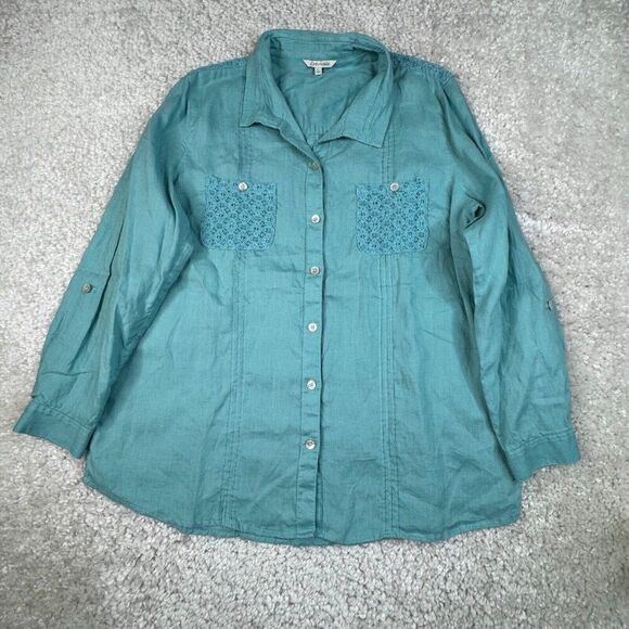John Mark Crotchet Pocket Linen Button Up Shirt Blue Green - Picture 1 of 8